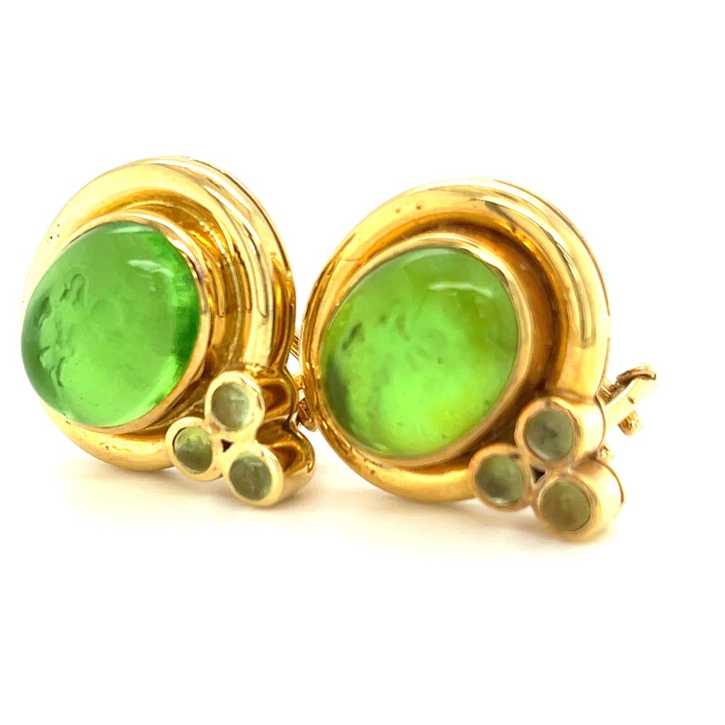 Elizabeth Locke 18k Yellow Gold Green Glass Intaglio and Peridot Accent Earrings
