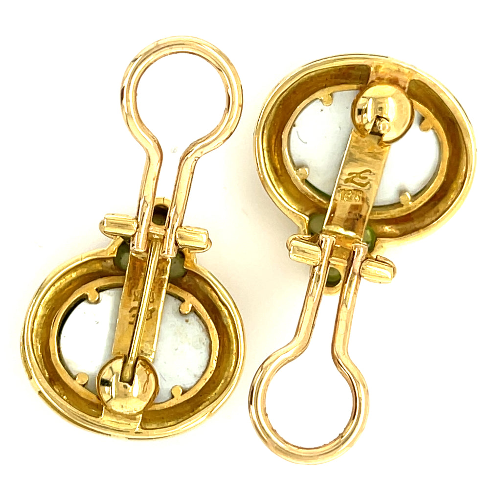 Elizabeth Locke 18k Yellow Gold Green Glass Intaglio and Peridot Accent Earrings