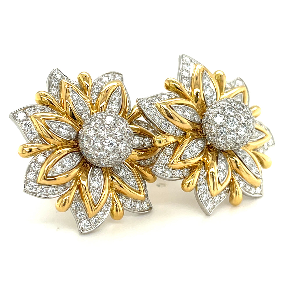 Verdura 18k Two Tone Gold Diamond "Primrose" Ear Clips 5.41 ct