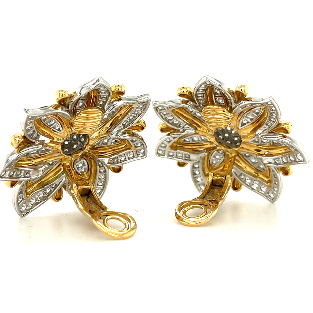 Verdura 18k Two Tone Gold Diamond "Primrose" Ear Clips 5.41 ct