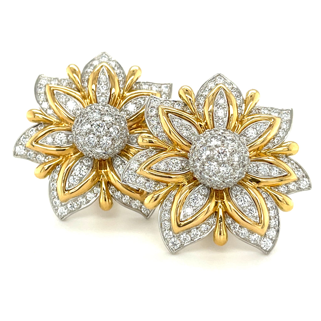 Verdura 18k Two Tone Gold Diamond "Primrose" Ear Clips 5.41 ct