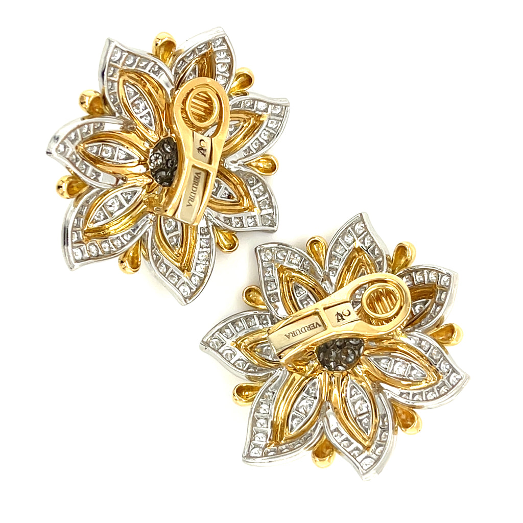 Verdura 18k Two Tone Gold Diamond "Primrose" Ear Clips 5.41 ct