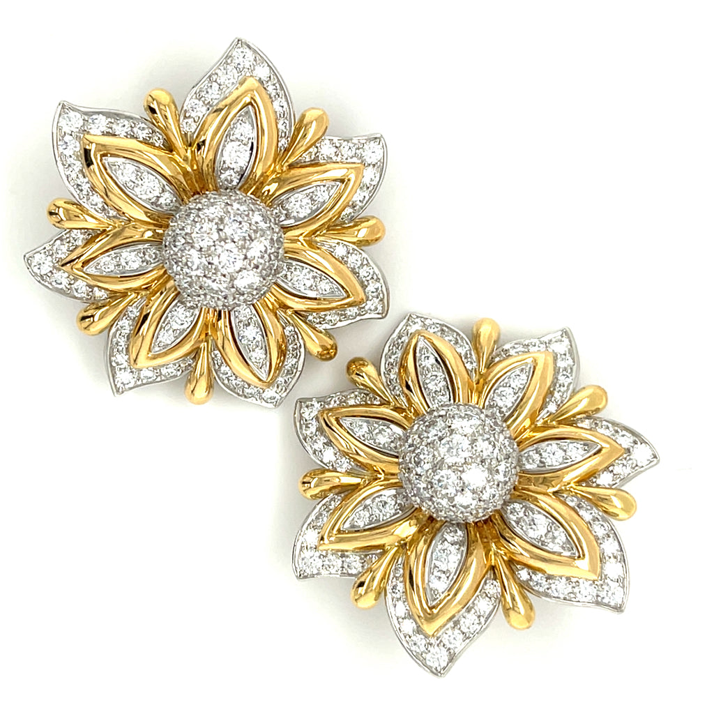 Verdura 18k Two Tone Gold Diamond "Primrose" Ear Clips 5.41 ct