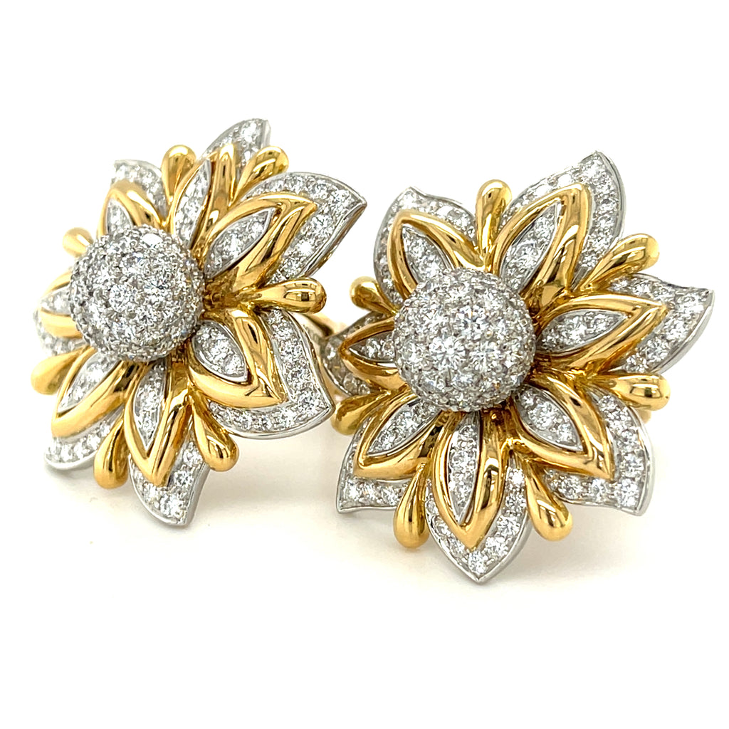 Verdura 18k Two Tone Gold Diamond "Primrose" Ear Clips 5.41 ct