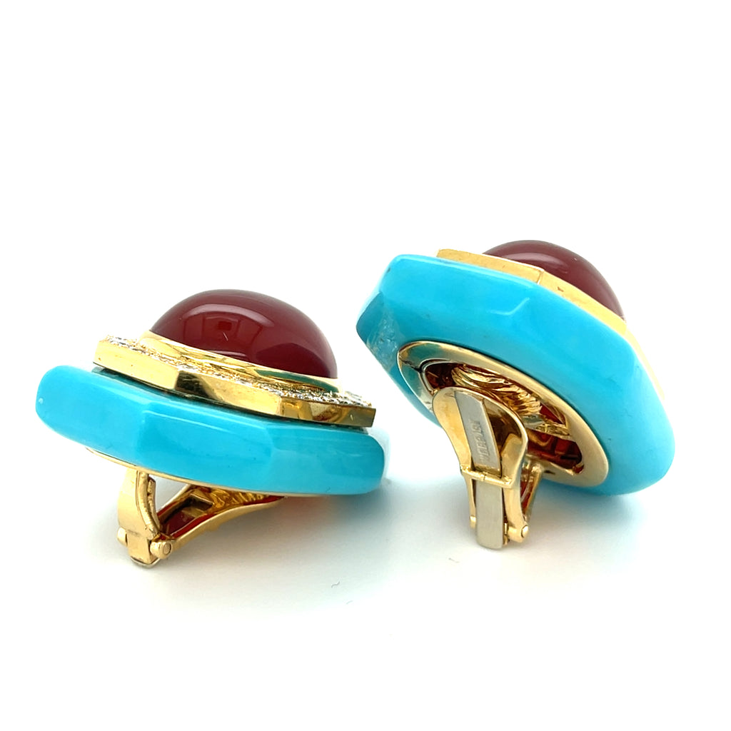 David Webb 18k Gold Turquoise, Carnelian, and Diamond Earrings w/ CoA