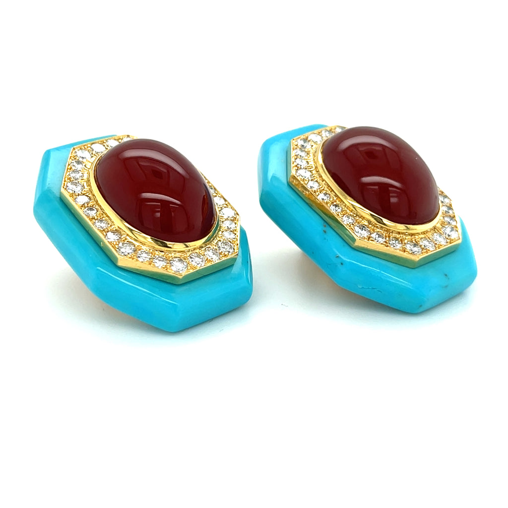 David Webb 18k Gold Turquoise, Carnelian, and Diamond Earrings w/ CoA