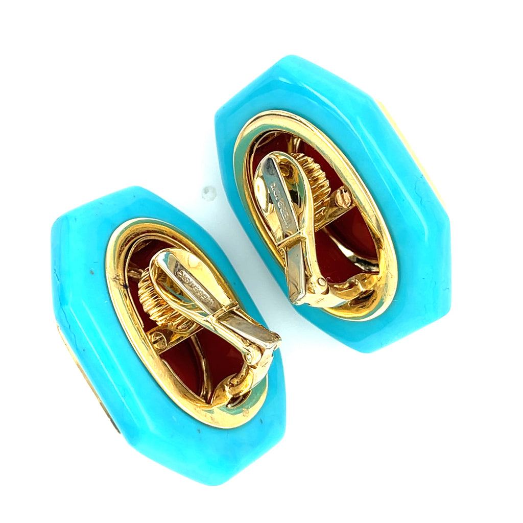 David Webb 18k Gold Turquoise, Carnelian, and Diamond Earrings w/ CoA