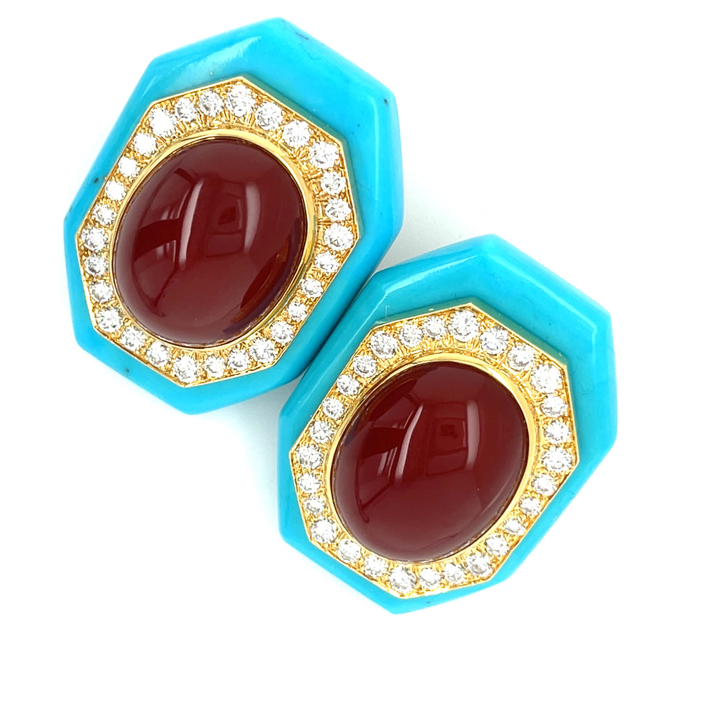 David Webb 18k Gold Turquoise, Carnelian, and Diamond Earrings w/ CoA