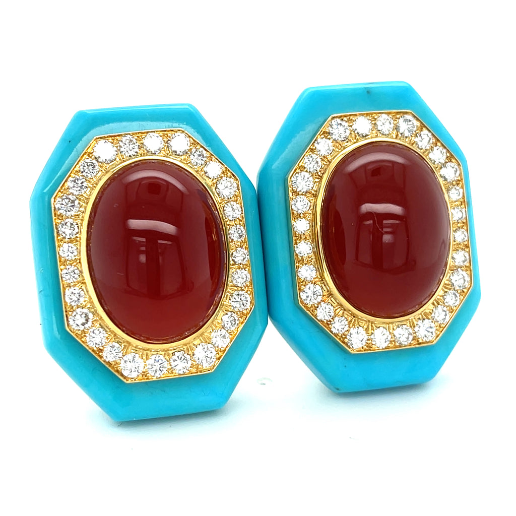 David Webb 18k Gold Turquoise, Carnelian, and Diamond Earrings w/ CoA