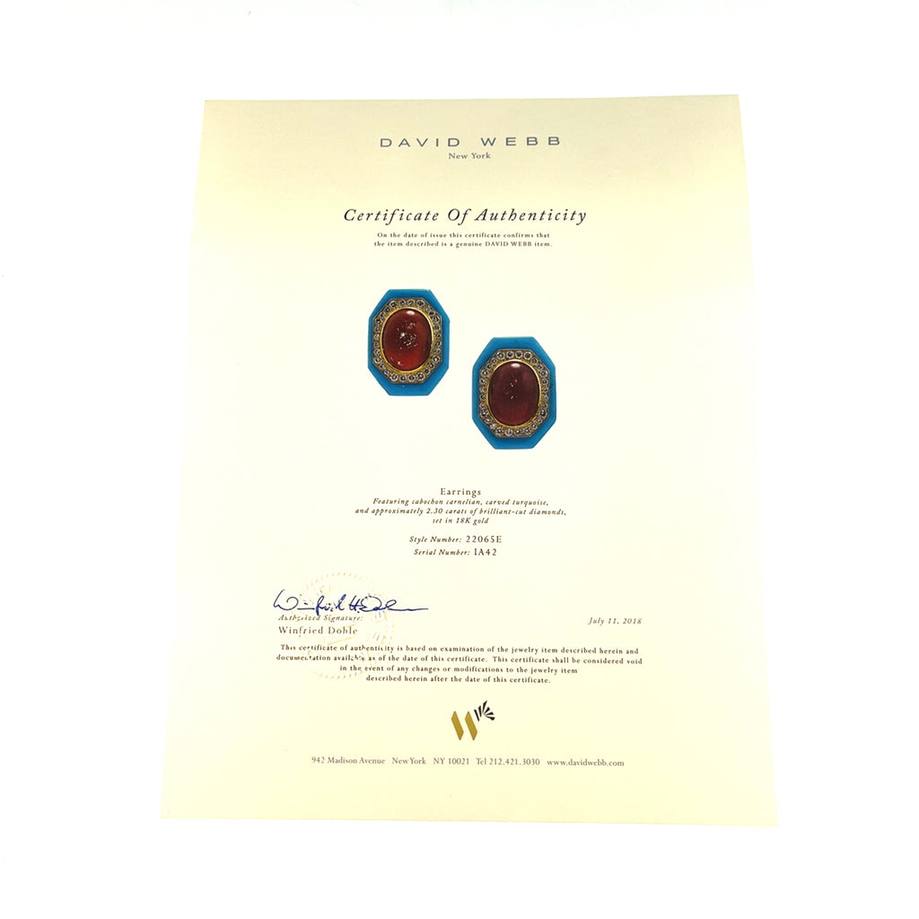 David Webb 18k Gold Turquoise, Carnelian, and Diamond Earrings w/ CoA