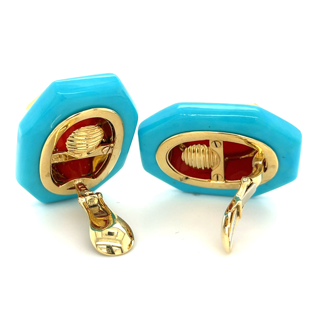 David Webb 18k Gold Turquoise, Carnelian, and Diamond Earrings w/ CoA