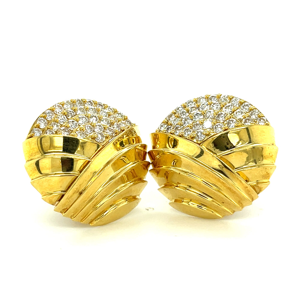18k Yellow Gold Round Ear Clips W/Full-Cut Diamonds By Jose Hess