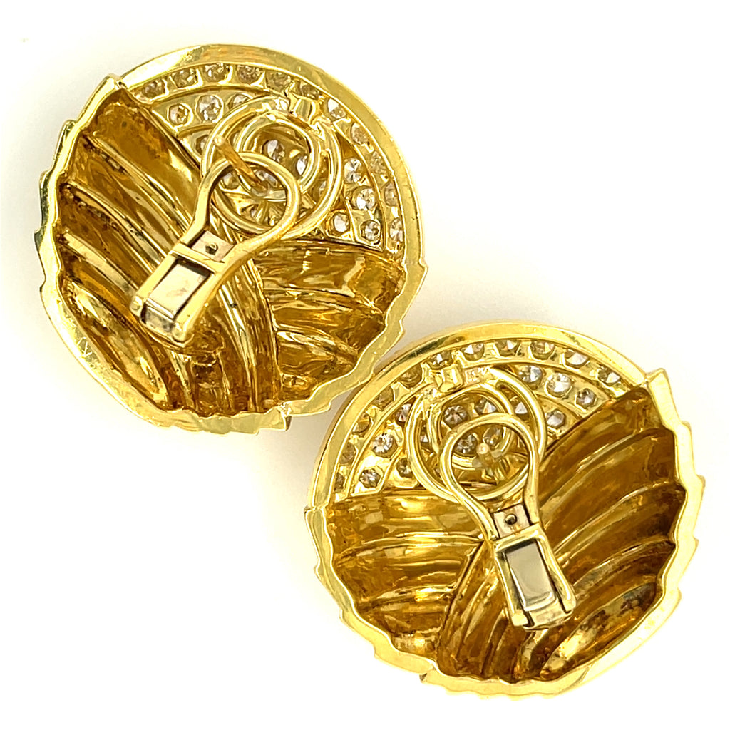 18k Yellow Gold Round Ear Clips W/Full-Cut Diamonds By Jose Hess