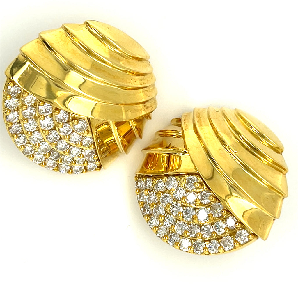 18k Yellow Gold Round Ear Clips W/Full-Cut Diamonds By Jose Hess