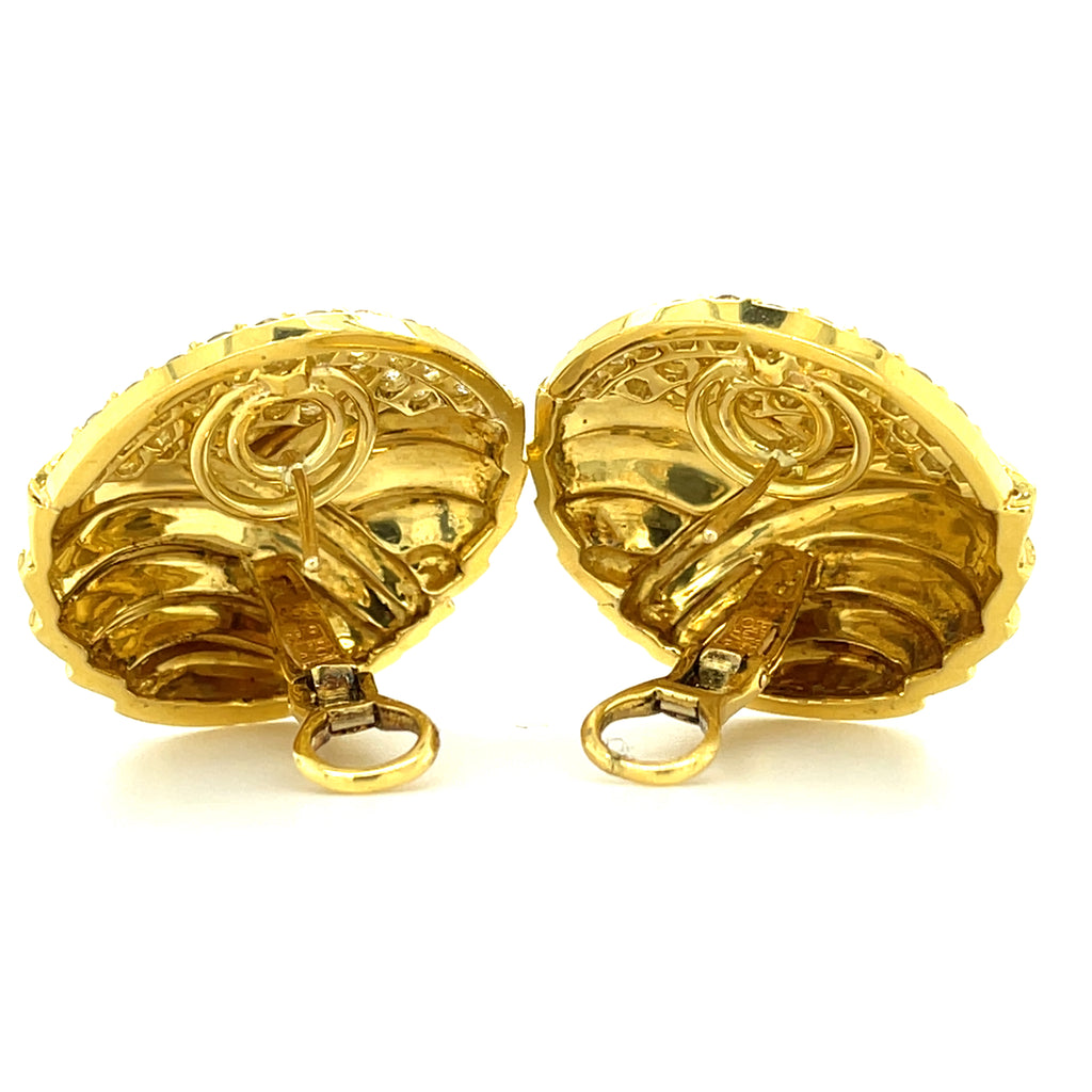 18k Yellow Gold Round Ear Clips W/Full-Cut Diamonds By Jose Hess