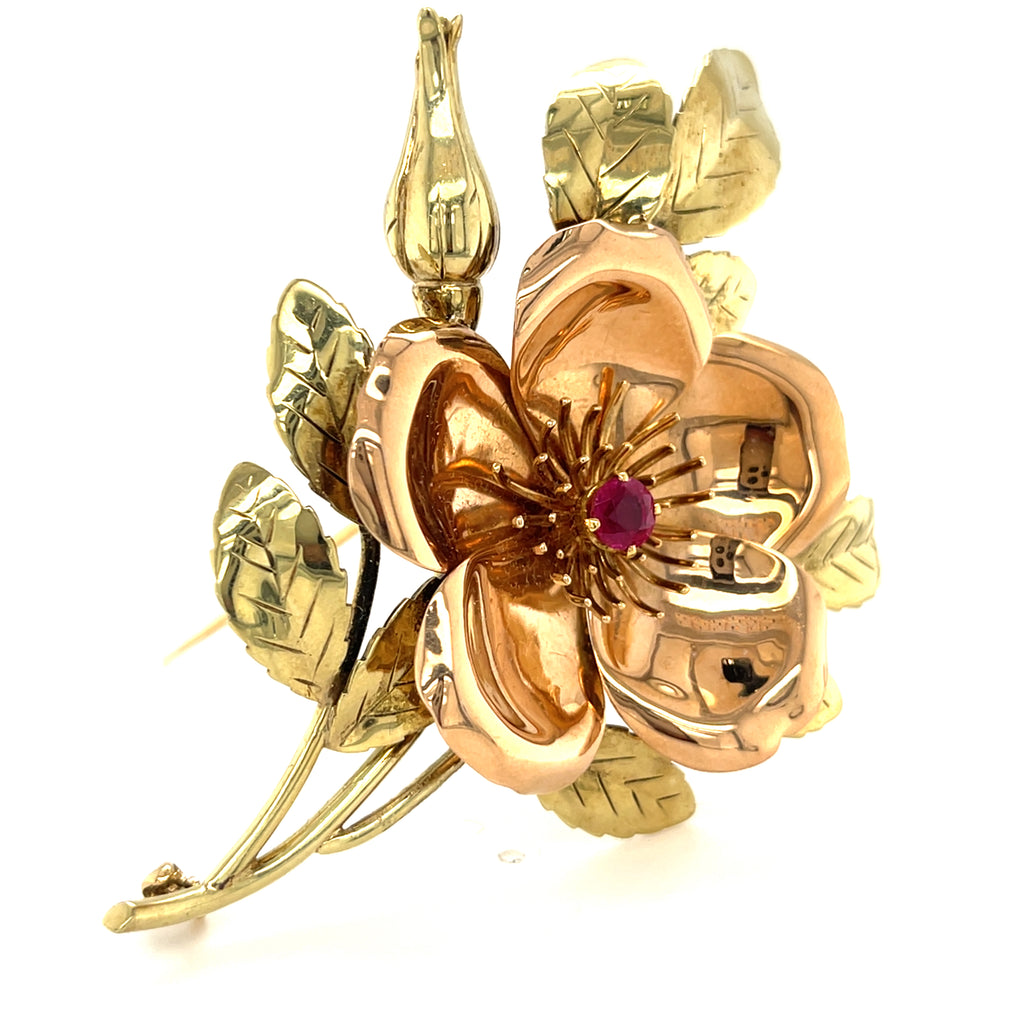 Vintage Tiffany & Co. 14k Two-Tone Gold Brooch and Earring Set W/Floral Design