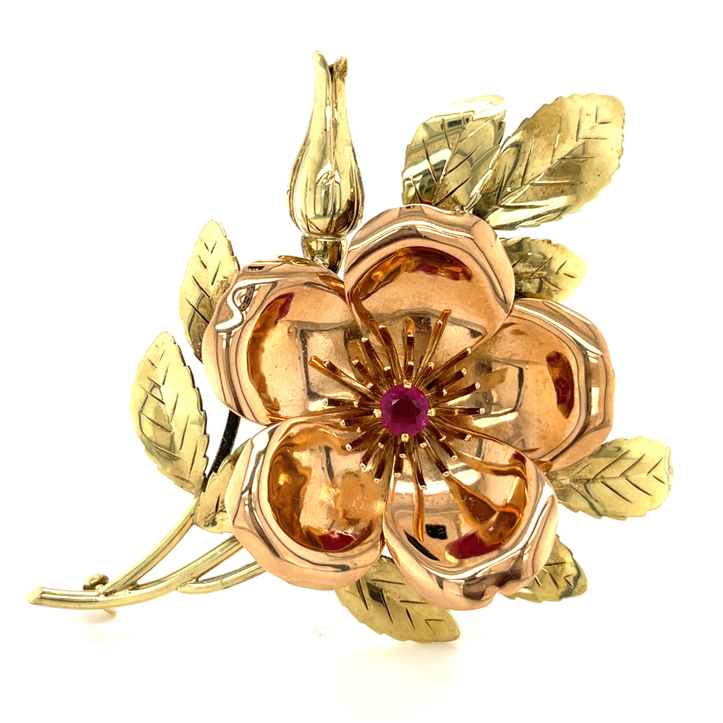 Vintage Tiffany & Co. 14k Two-Tone Gold Brooch and Earring Set W/Floral Design