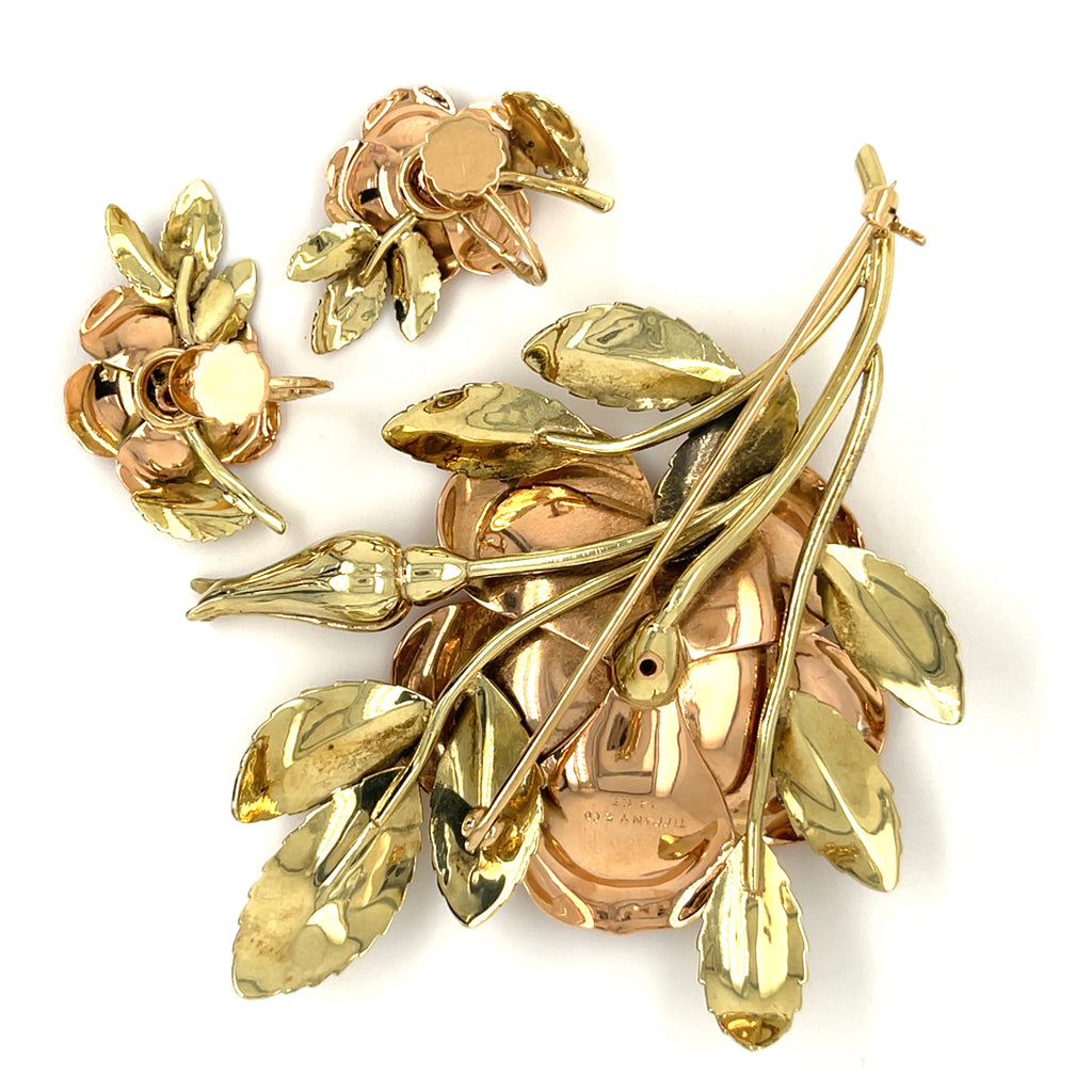 Vintage Tiffany & Co. 14k Two-Tone Gold Brooch and Earring Set W/Floral Design