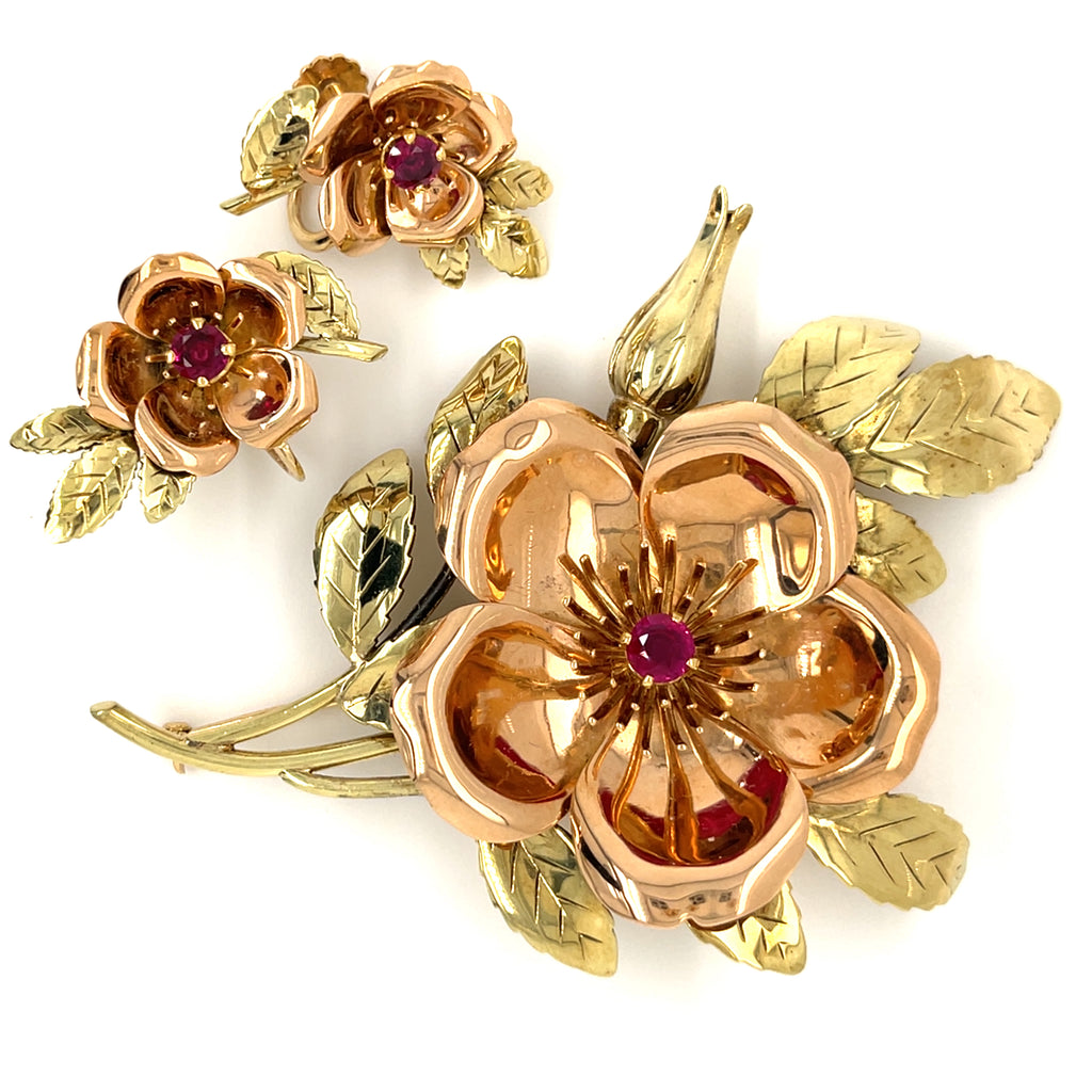 Vintage Tiffany & Co. 14k Two-Tone Gold Brooch and Earring Set W/Floral Design