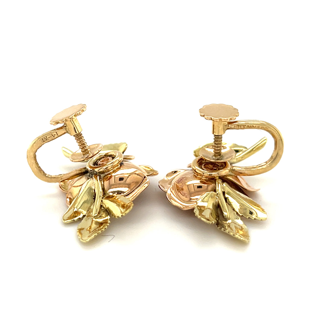 Vintage Tiffany & Co. 14k Two-Tone Gold Brooch and Earring Set W/Floral Design