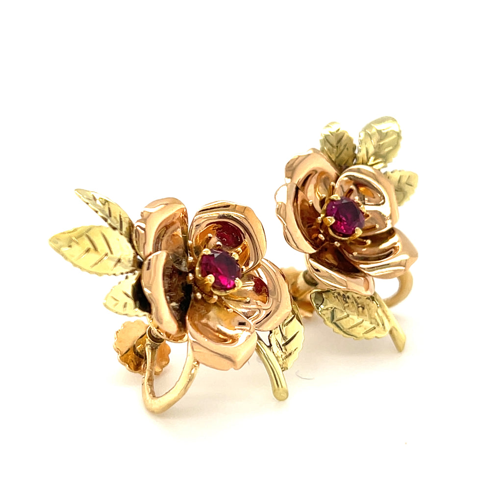 Vintage Tiffany & Co. 14k Two-Tone Gold Brooch and Earring Set W/Floral Design