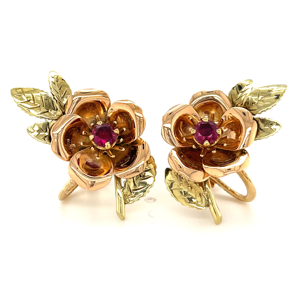 Vintage Tiffany & Co. 14k Two-Tone Gold Brooch and Earring Set W/Floral Design