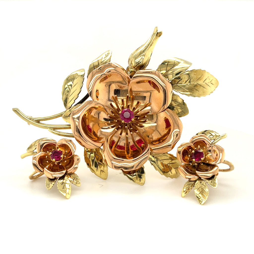 Vintage Tiffany & Co. 14k Two-Tone Gold Brooch and Earring Set W/Floral Design