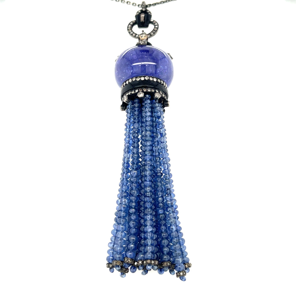 18k Antiqued Gold & Silver Tassel Necklace W/Tanzanite & Diamonds