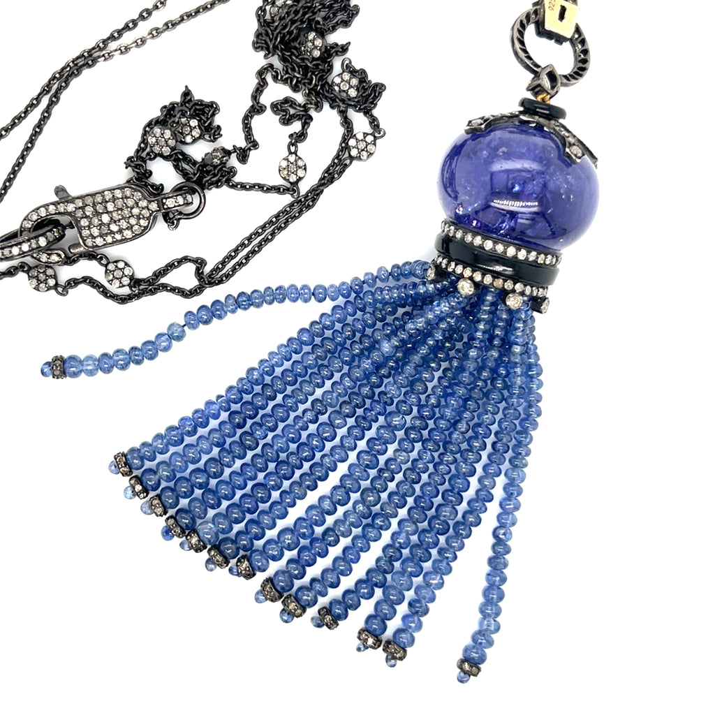 18k Antiqued Gold & Silver Tassel Necklace W/Tanzanite & Diamonds