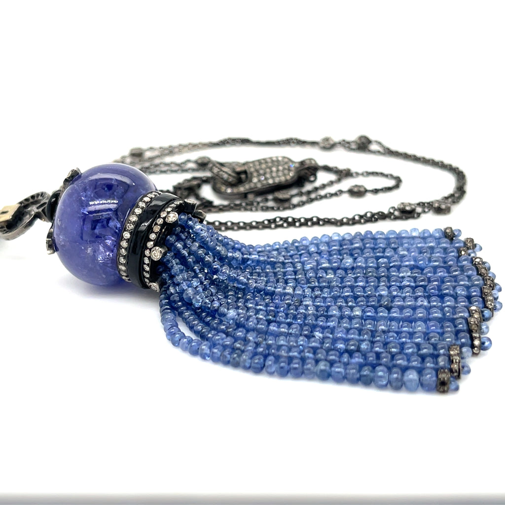 18k Antiqued Gold & Silver Tassel Necklace W/Tanzanite & Diamonds