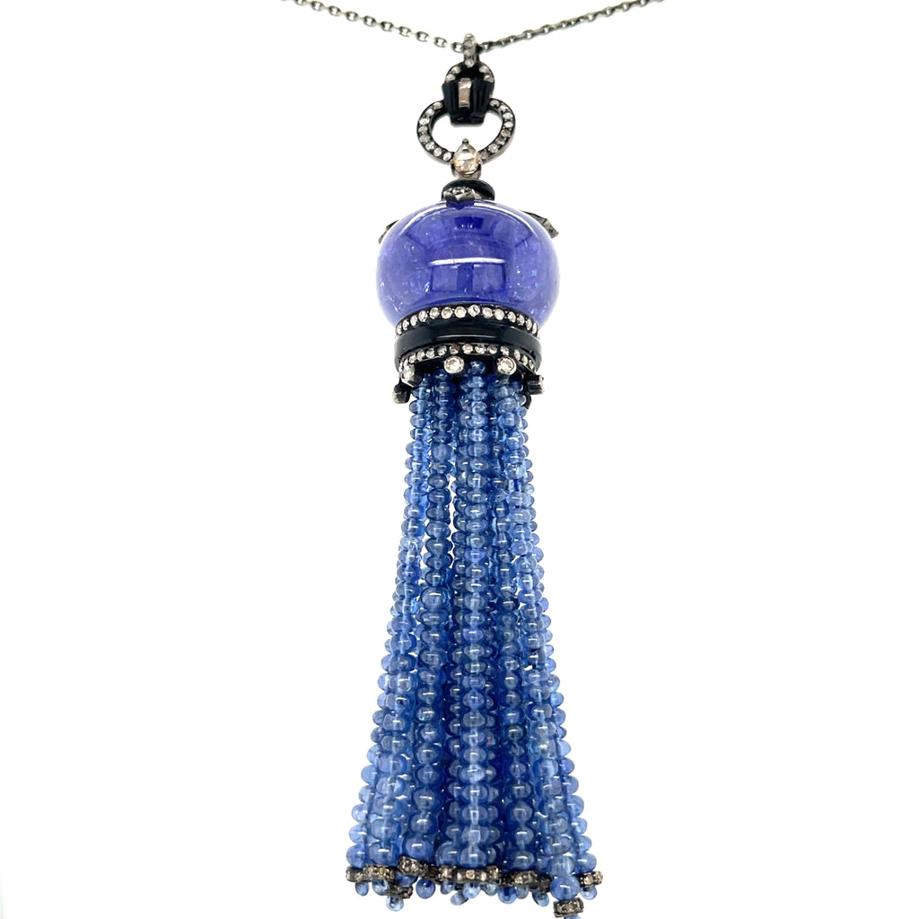 18k Antiqued Gold & Silver Tassel Necklace W/Tanzanite & Diamonds