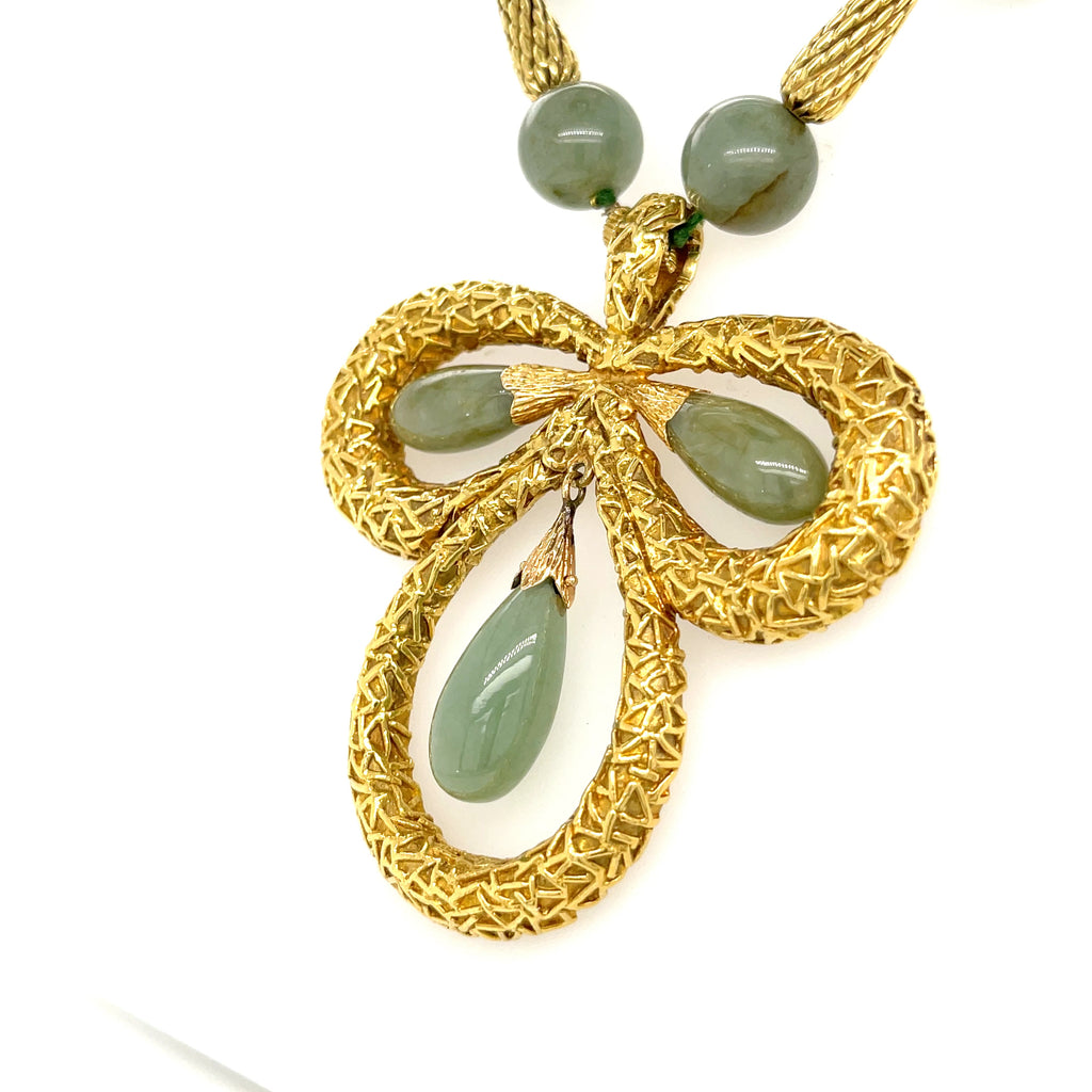 Jadeite Jade Beaded 14k Yellow Gold Necklace with Clover Pendant w/ CoA