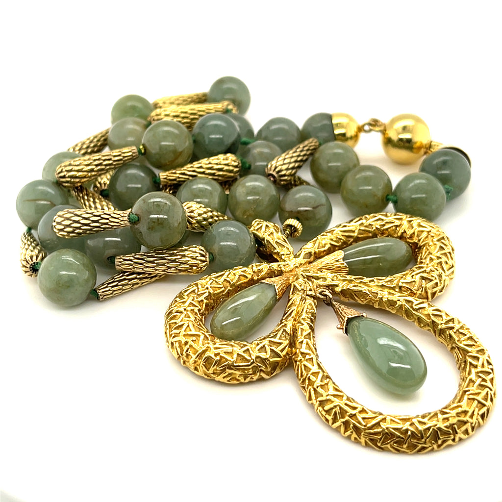 Jadeite Jade Beaded 14k Yellow Gold Necklace with Clover Pendant w/ CoA