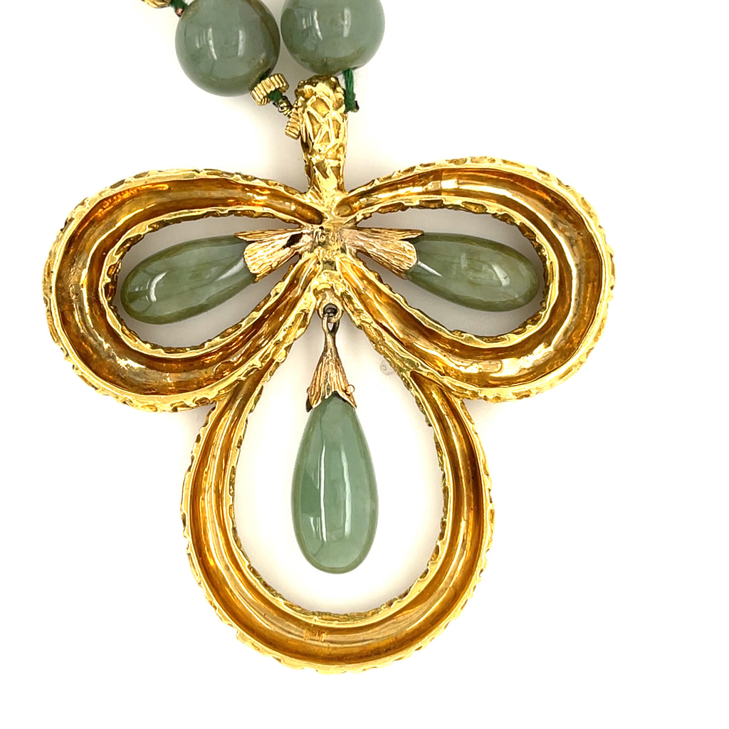 Jadeite Jade Beaded 14k Yellow Gold Necklace with Clover Pendant w/ CoA