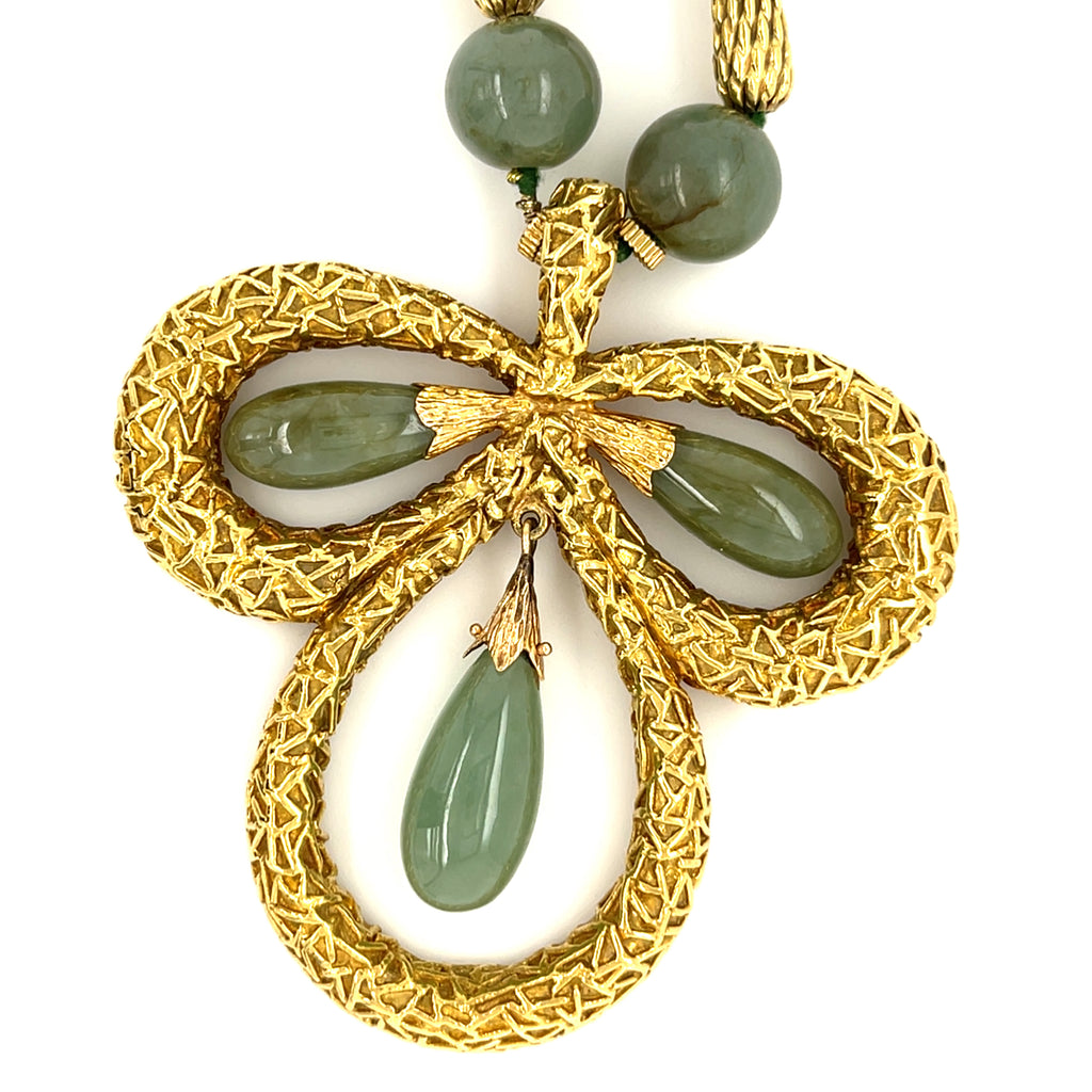 Jadeite Jade Beaded 14k Yellow Gold Necklace with Clover Pendant w/ CoA