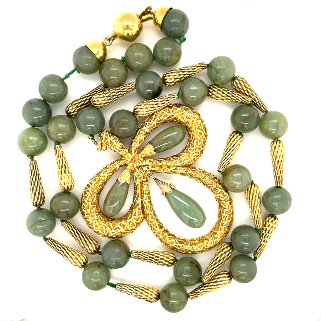 Jadeite Jade Beaded 14k Yellow Gold Necklace with Clover Pendant w/ CoA