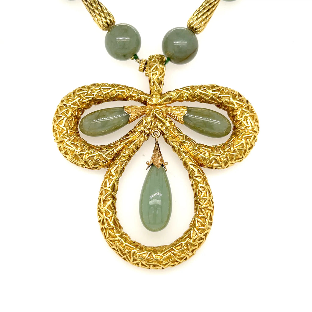 Jadeite Jade Beaded 14k Yellow Gold Necklace with Clover Pendant w/ CoA