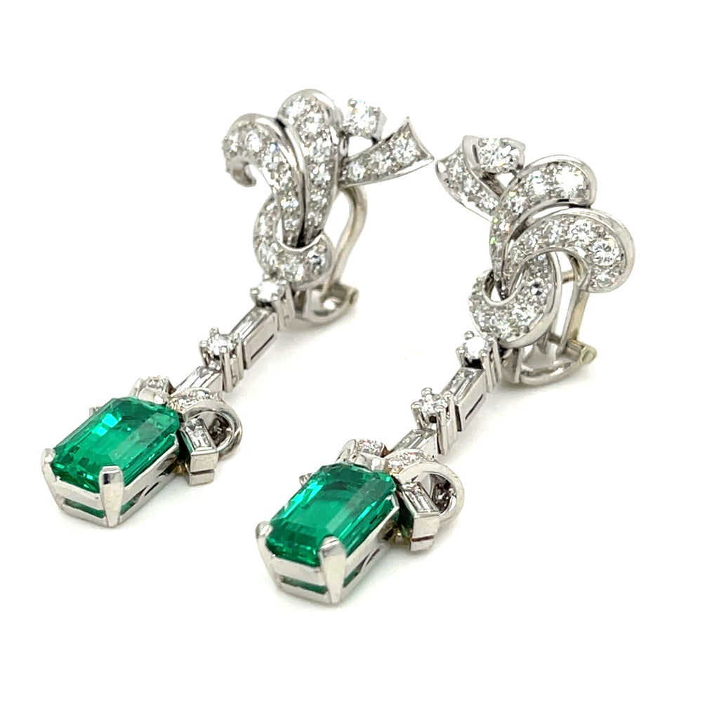 Platinum Fancy Emerald and Diamond Drop Earrings TCW = 5.1 cts