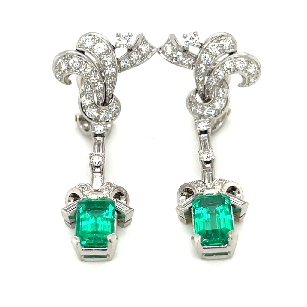 Platinum Fancy Emerald and Diamond Drop Earrings TCW = 5.1 cts