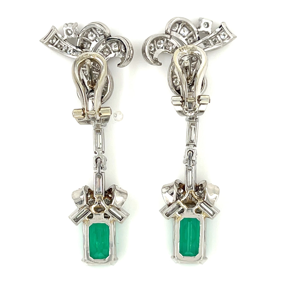 Platinum Fancy Emerald and Diamond Drop Earrings TCW = 5.1 cts