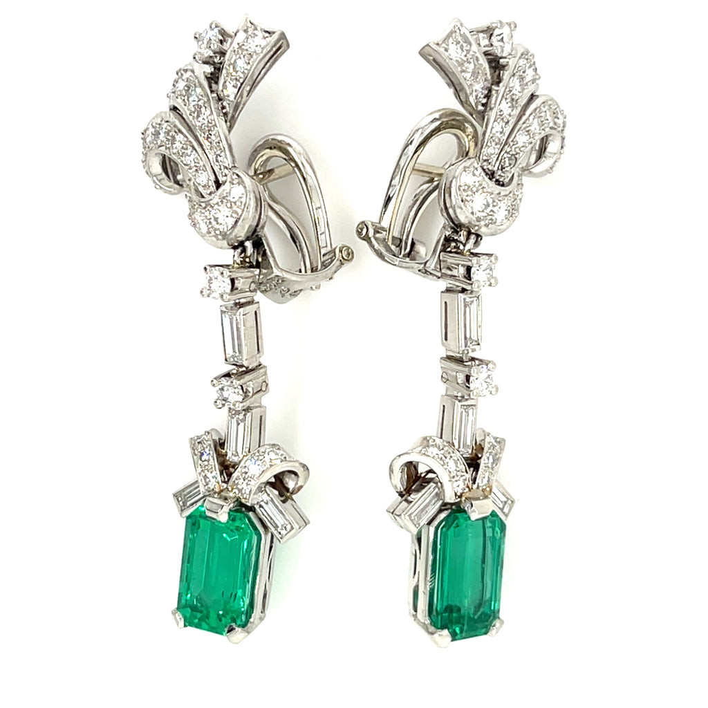 Platinum Fancy Emerald and Diamond Drop Earrings TCW = 5.1 cts