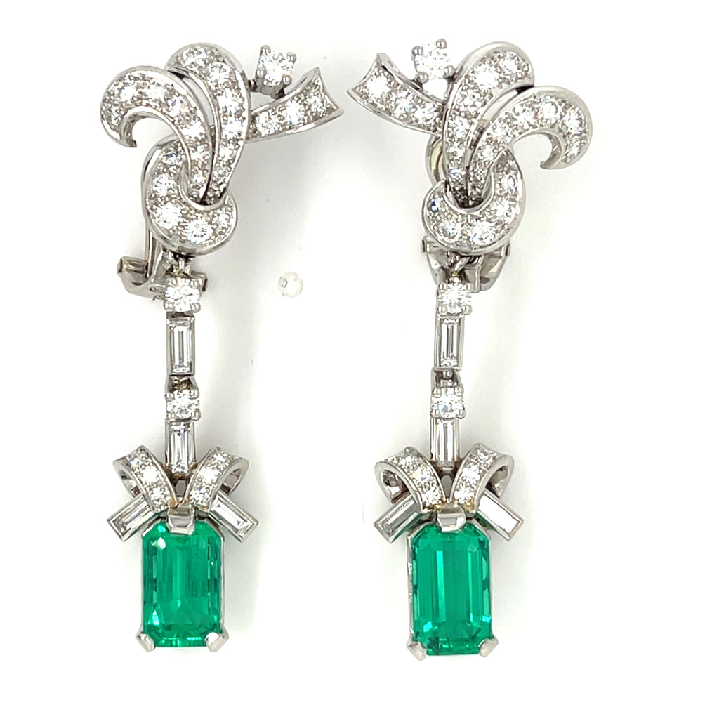 Platinum Fancy Emerald and Diamond Drop Earrings TCW = 5.1 cts