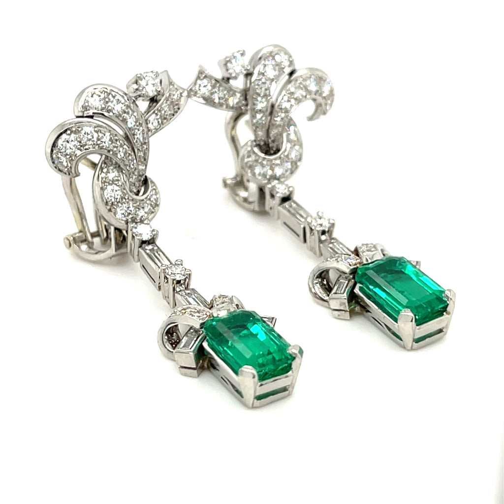 Platinum Fancy Emerald and Diamond Drop Earrings TCW = 5.1 cts