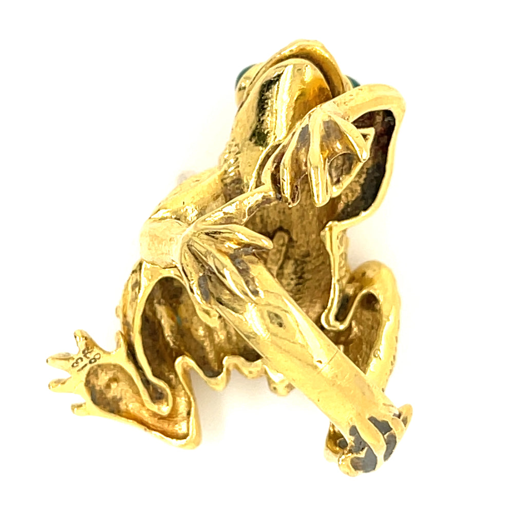 Kurt Wayne 18k Yellow Gold Frog Ring with Green Gem Eyes Sz 7.25