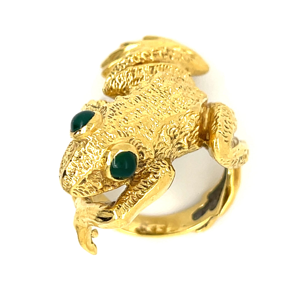 Kurt Wayne 18k Yellow Gold Frog Ring with Green Gem Eyes Sz 7.25