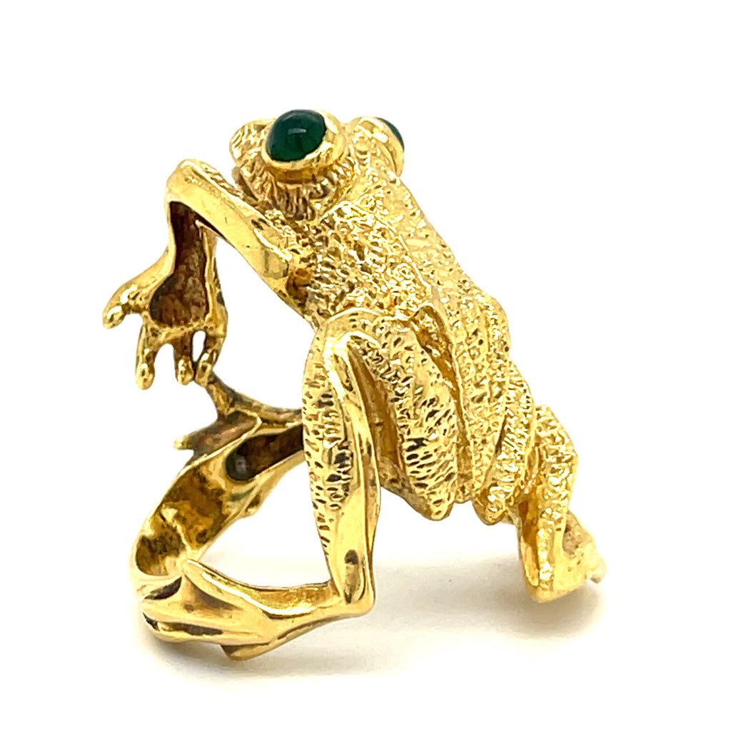 Kurt Wayne 18k Yellow Gold Frog Ring with Green Gem Eyes Sz 7.25
