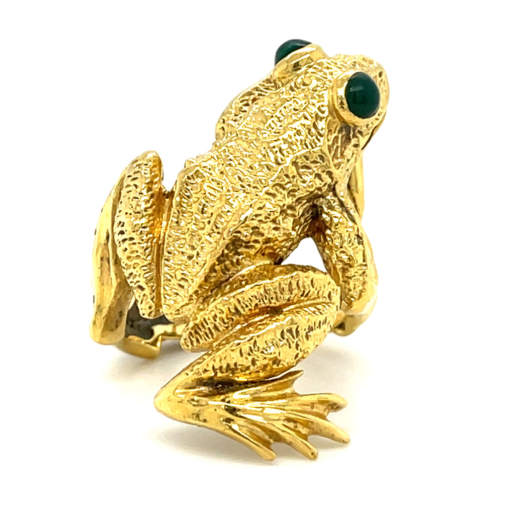 Kurt Wayne 18k Yellow Gold Frog Ring with Green Gem Eyes Sz 7.25