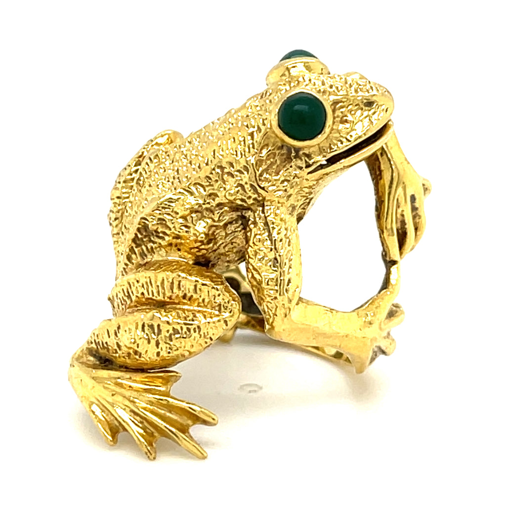 Kurt Wayne 18k Yellow Gold Frog Ring with Green Gem Eyes Sz 7.25