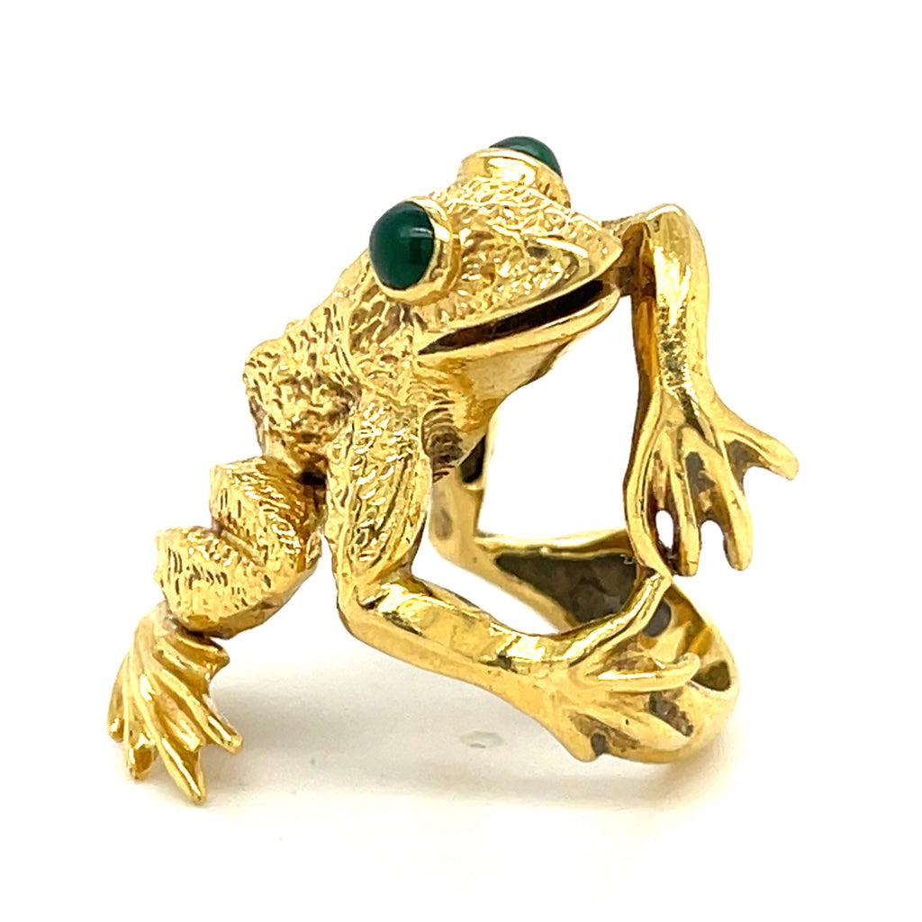 Kurt Wayne 18k Yellow Gold Frog Ring with Green Gem Eyes Sz 7.25