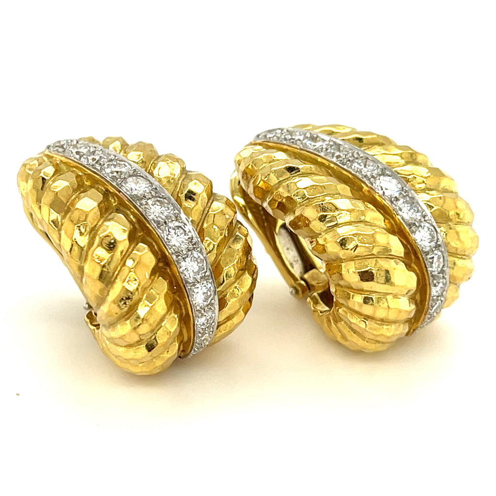 David Webb 18k Yellow Gold and Platinum Diamond Clip Earrings 2.05 cts